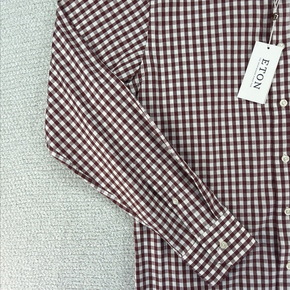 Eton Shirt Mens Med 39 / 15.5 Red White Gingham Check Plaid Slim Fit Button Down - Picture 3 of 16